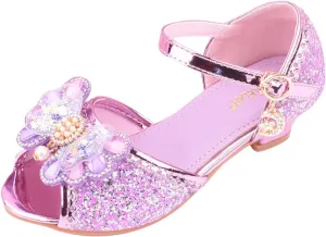 Girls Glitter Butterfly Sandals Low Heels Shiny Dress Shoes with Bow Party Wedding Flower Shoes for Toddler Kids