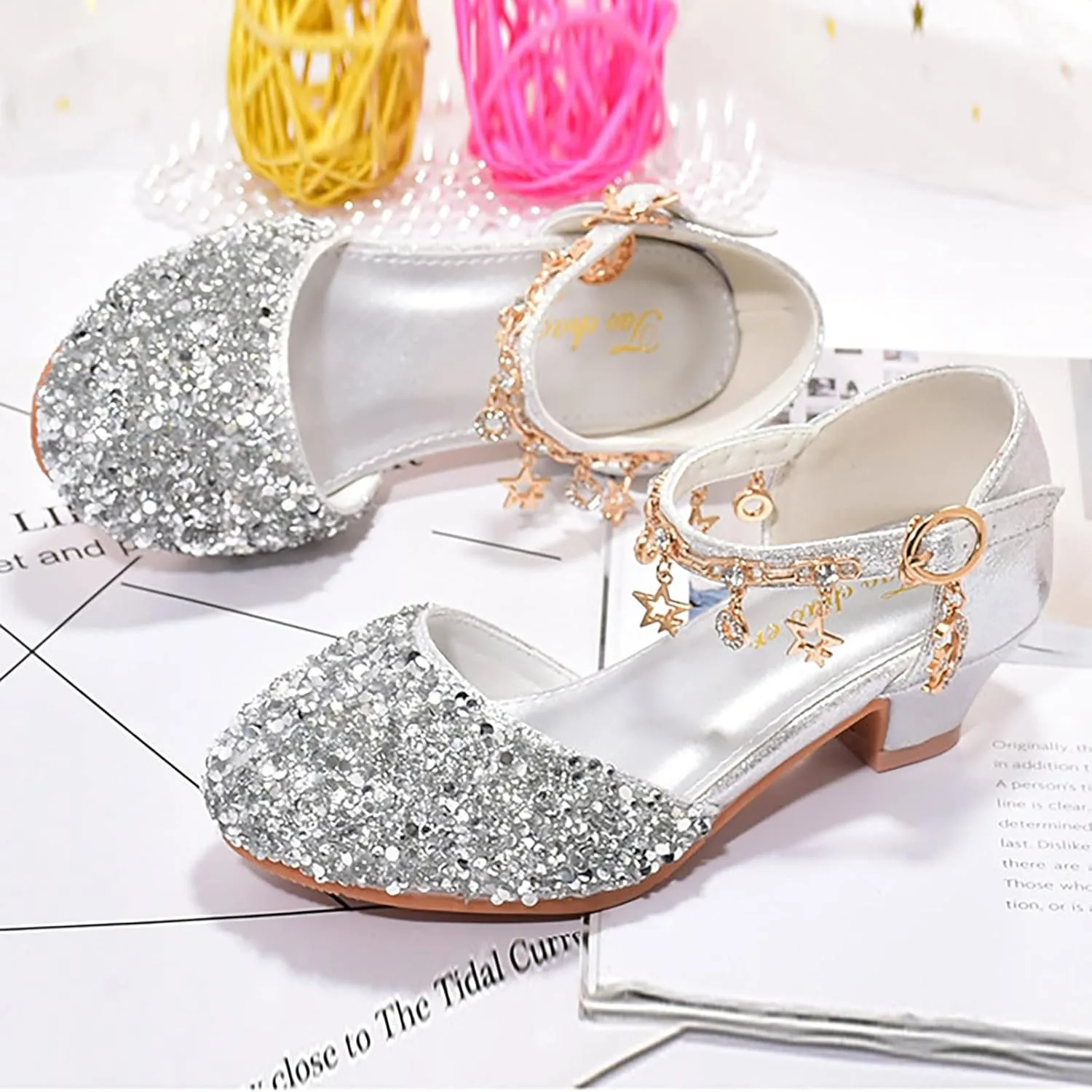 Girls Low Heels Rhinestone Dress Shoes Glitter Sequins Party Dance Shoes Closed Toe Mary Jane for Big Kids