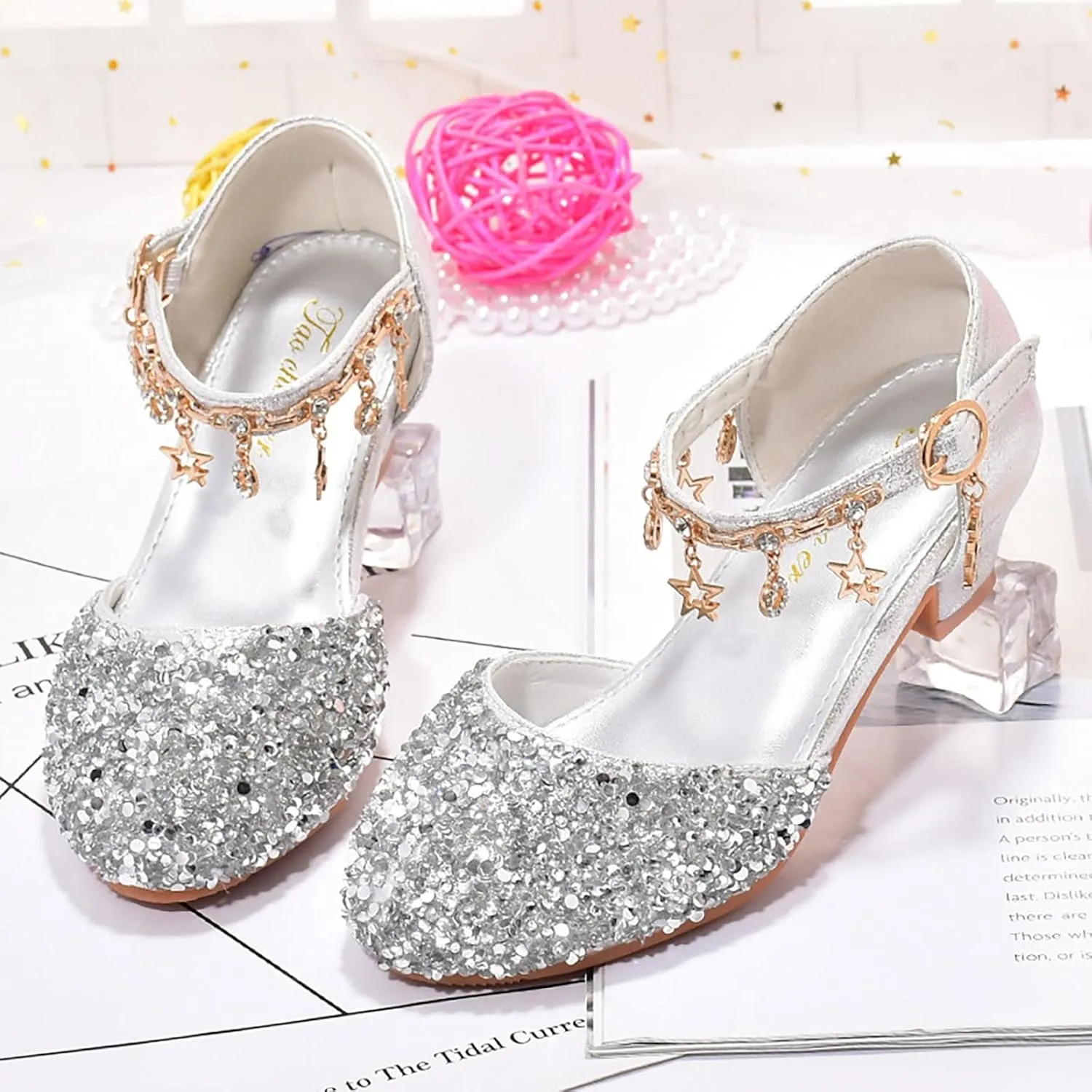 Girls Low Heels Rhinestone Dress Shoes Glitter Sequins Party Dance Shoes Closed Toe Mary Jane for Big Kids