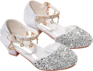 Girls Low Heels Rhinestone Dress Shoes Glitter Sequins Party Dance Shoes Closed Toe Mary Jane for Big Kids