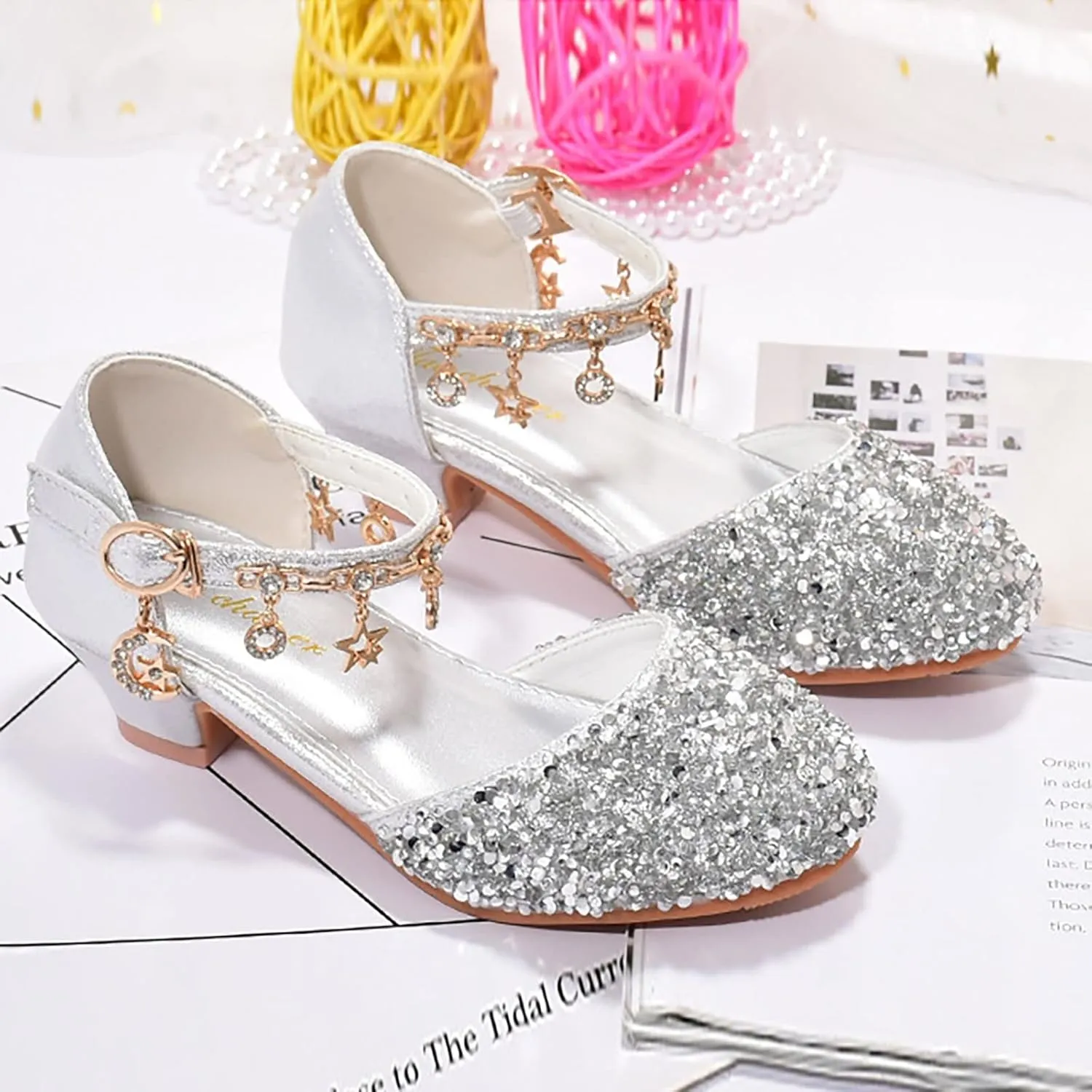 Girls Low Heels Rhinestone Dress Shoes Glitter Sequins Party Dance Shoes Closed Toe Mary Jane for Big Kids