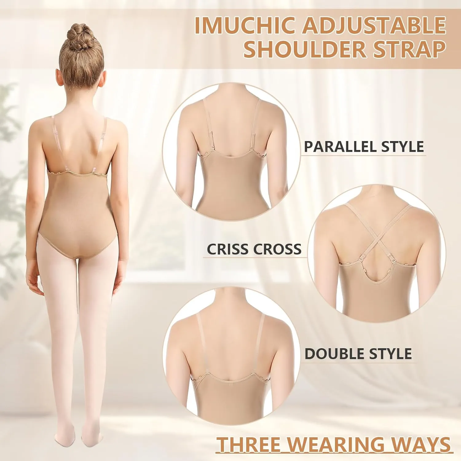 Girls Nude Leotard Seamless Camisole Leotards Undergarment for Ballet Dance Gymnastics with Adjustable Clear Straps
