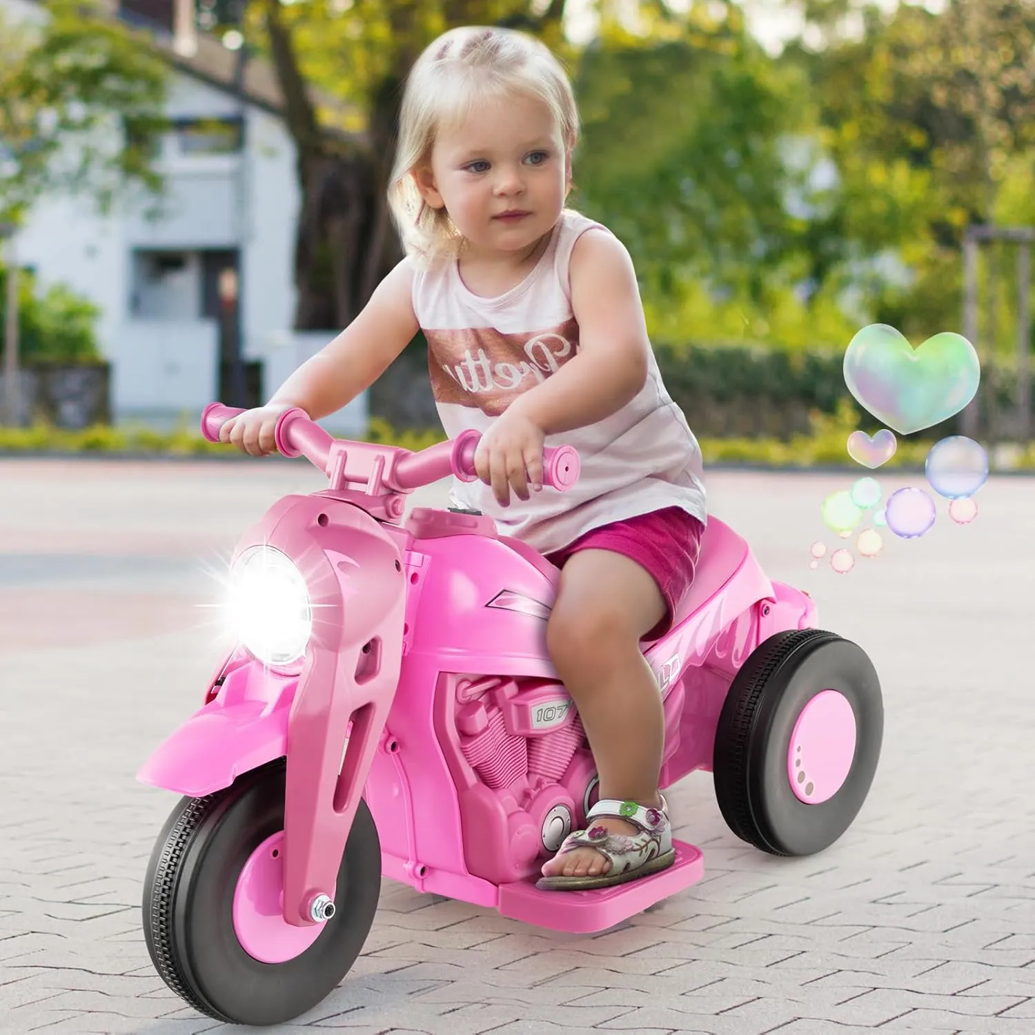 GLACER Kids Motorcycle, 6V Battery Powered Ride on Motorcycle w/Bubble Maker, Music, LED Headlight, Foot Pedal, Forward & Backward, 3 Wheels Electric Motorcycle for Kids, Gift for Boys Girls (Pink)
