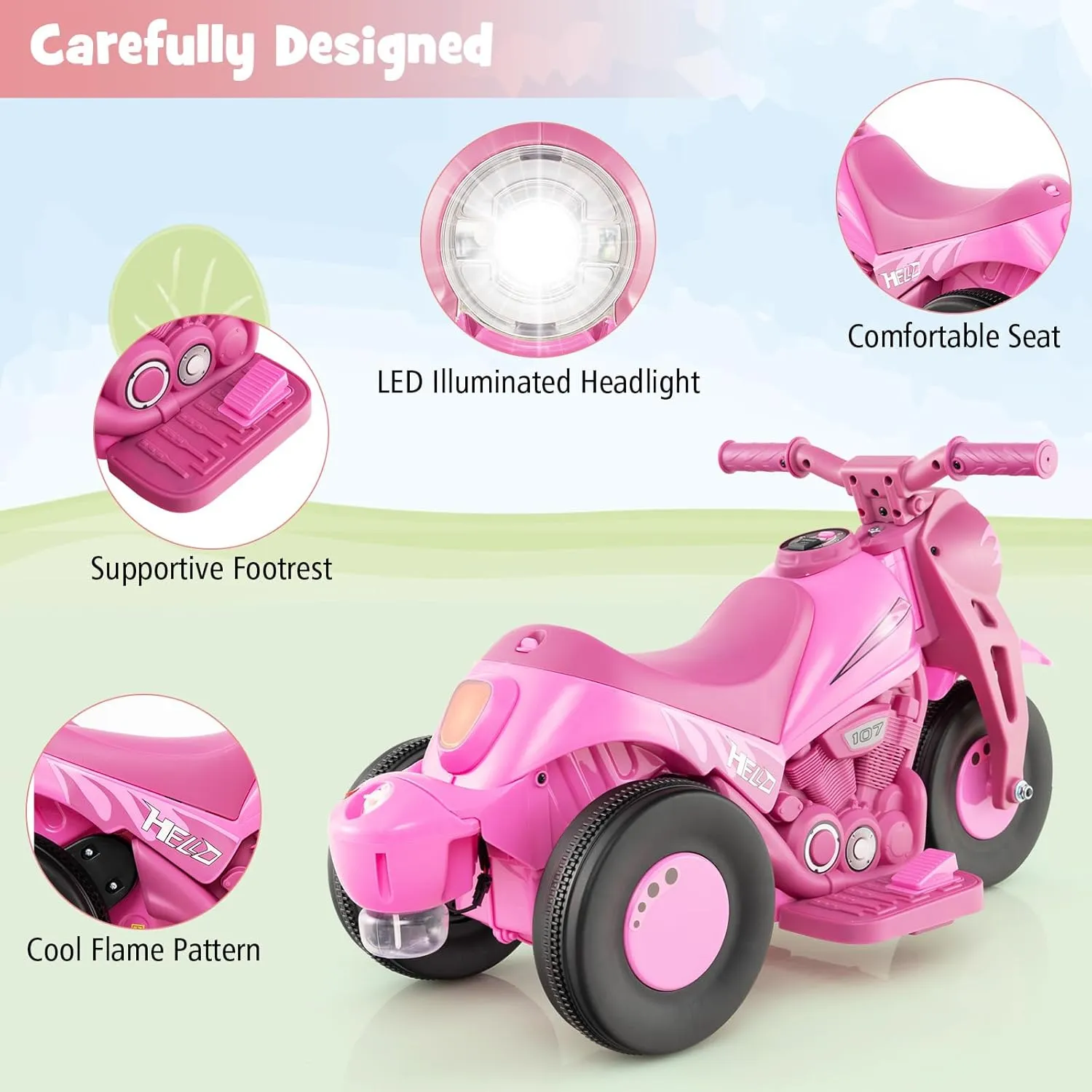 GLACER Kids Motorcycle, 6V Battery Powered Ride on Motorcycle w/Bubble Maker, Music, LED Headlight, Foot Pedal, Forward & Backward, 3 Wheels Electric Motorcycle for Kids, Gift for Boys Girls (Pink)