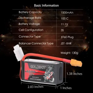 GOLDBAT 1500mAh 3S 11.1V 100C Softcase Lipo Battery Pack with XT60 Plug for Axial Capra, Skylark m4-fpv250, Mini Shredder 200, Qav250, Helicopter Drone and FPV (2 Pack)