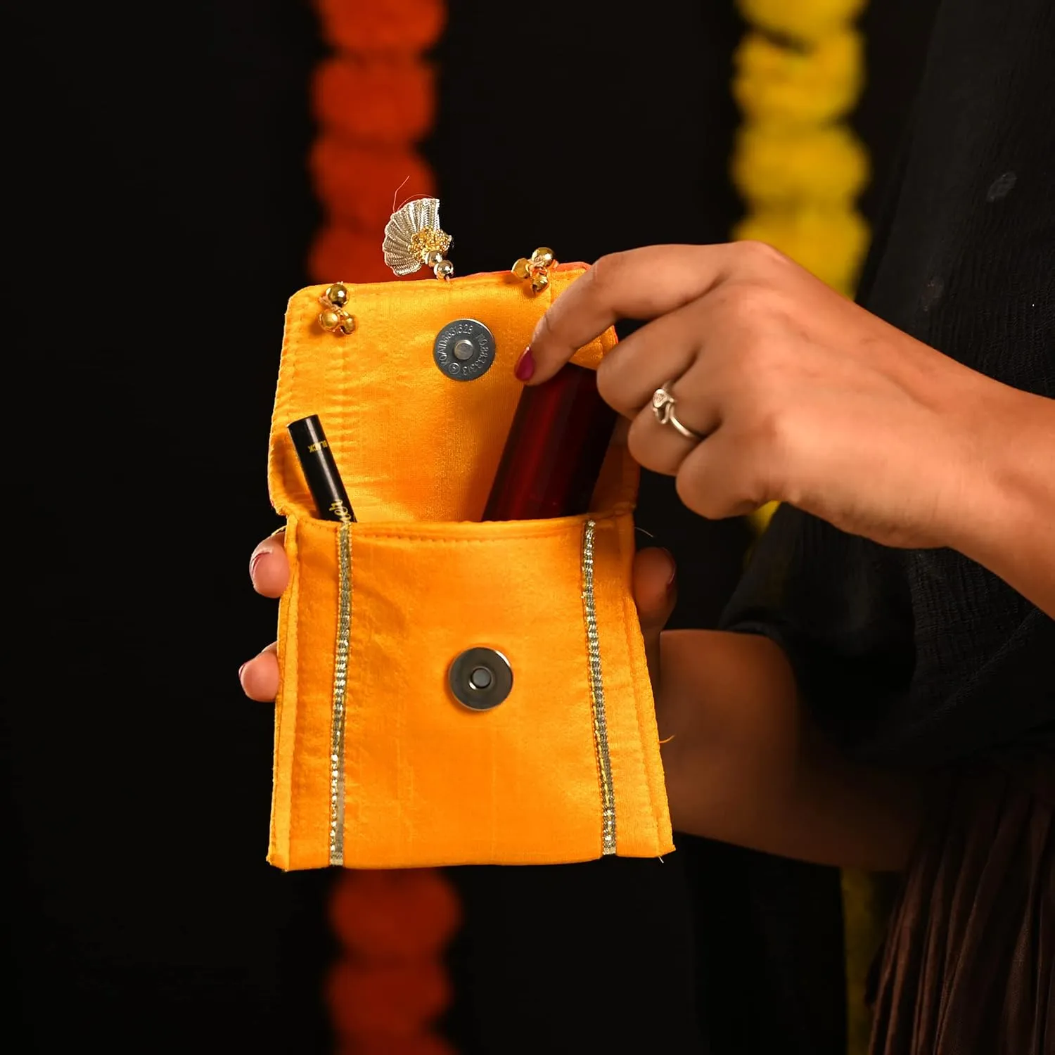 Handmade Gota Pati work Purse Wallet Batawa Clutch Hand Stitched Traditional Ethnic Golden Work Wedding Envelope for Girls Women for Party Wedding Special Occasion and Gifting (Yellow - 4.5"x4")