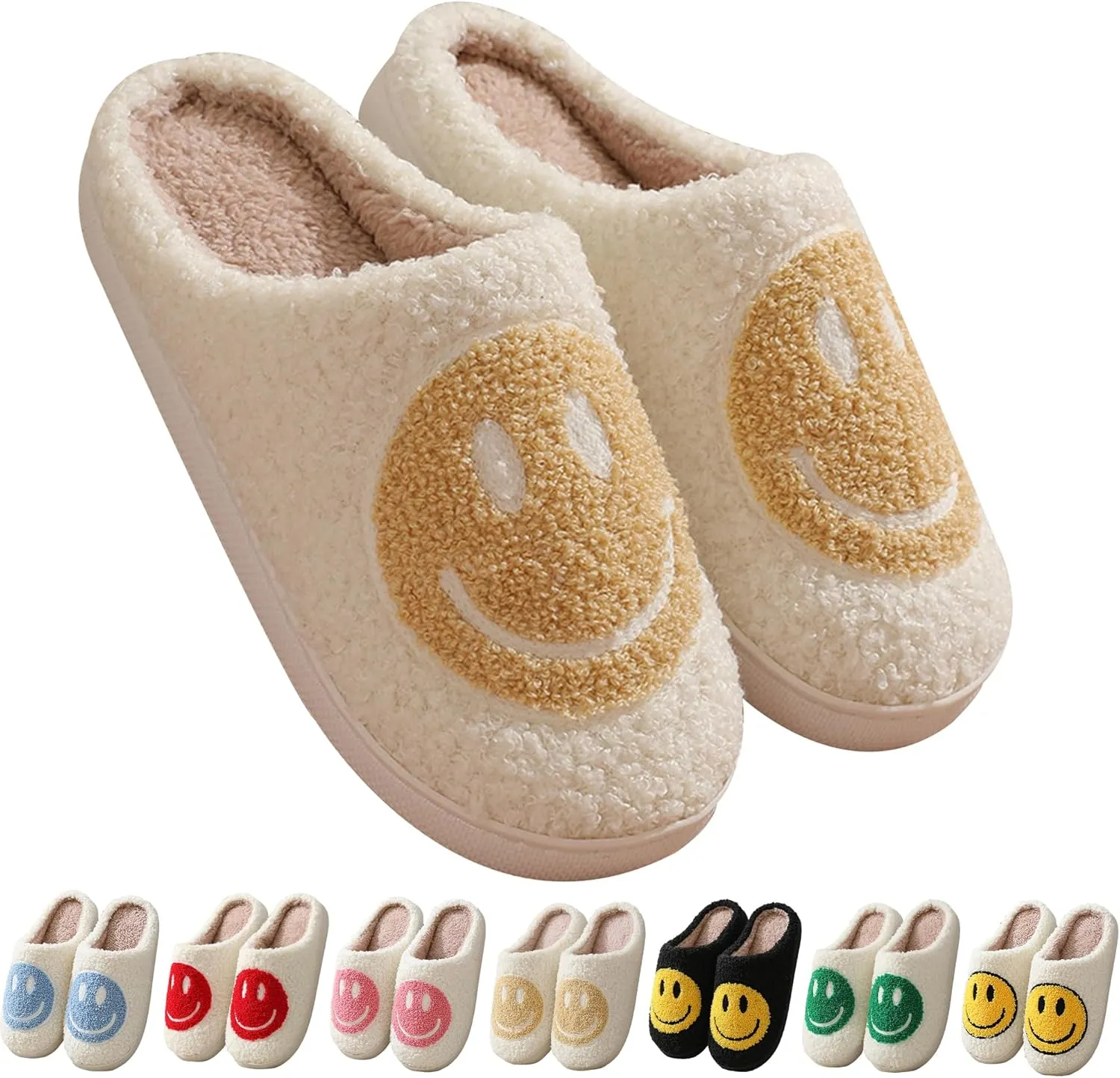Happy Face Slippers Retro Cozy Comfy Plush Warm Slip-on Slippers Winter Soft Fuzzy Indoor House Shoes with Memory Foam for Men Women…