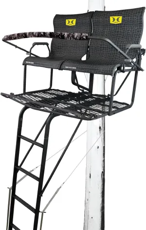 Hawk 18' Sasquatch 2-Man Ladder Stand | Durable Hunting Archery Steel Tree Stand with Flip Up Chairs, Hercules Cross Grip Safety System & Noise Free Ladder