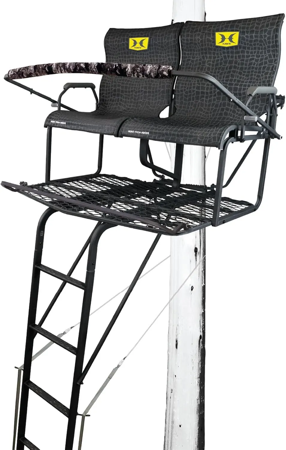 Hawk 18' Sasquatch 2-Man Ladder Stand | Durable Hunting Archery Steel Tree Stand with Flip Up Chairs, Hercules Cross Grip Safety System & Noise Free Ladder