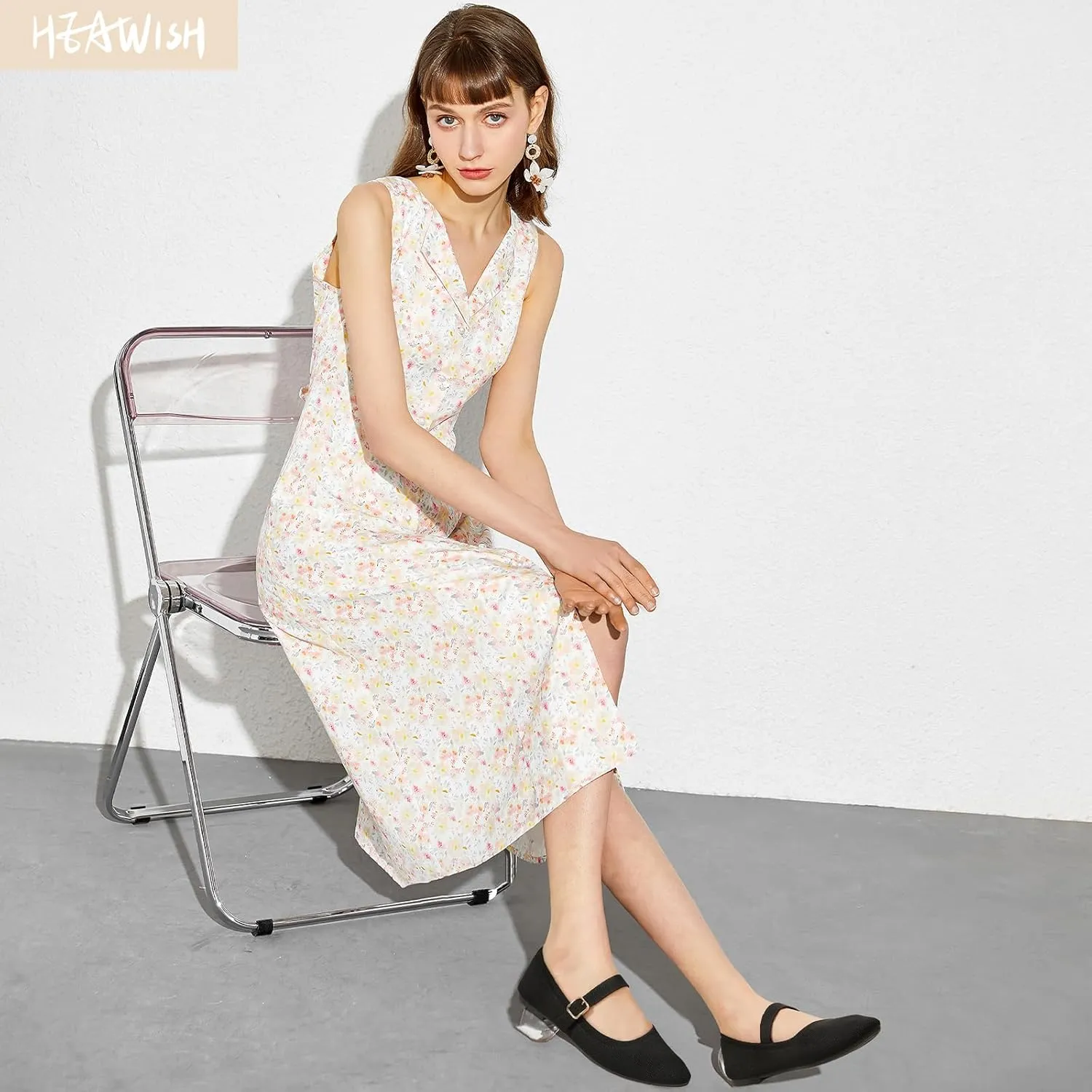 HEAWISH Women's Ballet Flat Shoes Mary Jane Pointed Toe Mesh Flats,Comfortable Slip on Ladies Shoe with Adjustable Strap,Casual Office Dress Flats for Work
