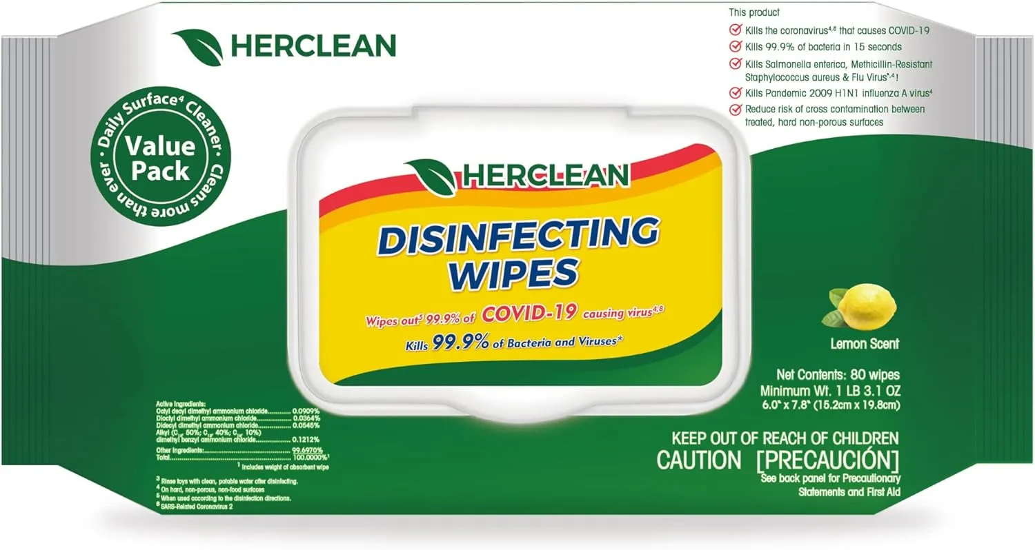 Herclean Wipes, Cleaning Wipes, Household Cleaning Wipes - Office Supplies, School Supplies, Travel Essentials, Home Essentials (80pcs/Flatpack)/12 PER CASE