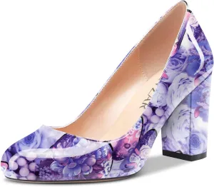 HEUIVZAR Women Pumps Round Toe Block Chunky Mid Heel Slip-on Dress Shoes Patent 3 Inch