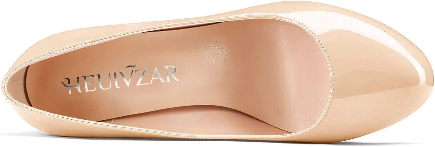 HEUIVZAR Women Pumps Round Toe Block Chunky Mid Heel Slip-on Dress Shoes Patent 3 Inch