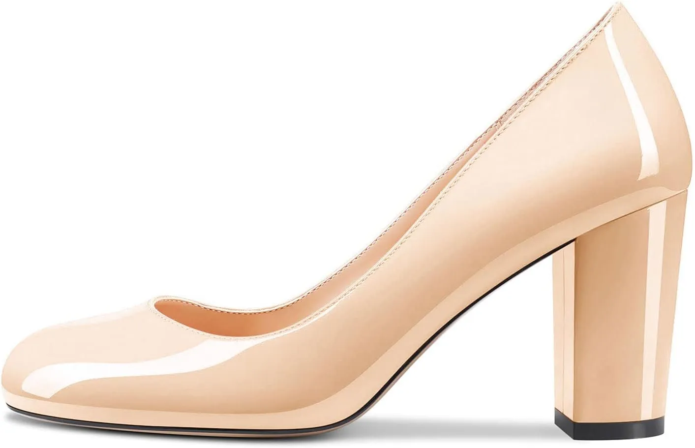 HEUIVZAR Women Pumps Round Toe Block Chunky Mid Heel Slip-on Dress Shoes Patent 3 Inch