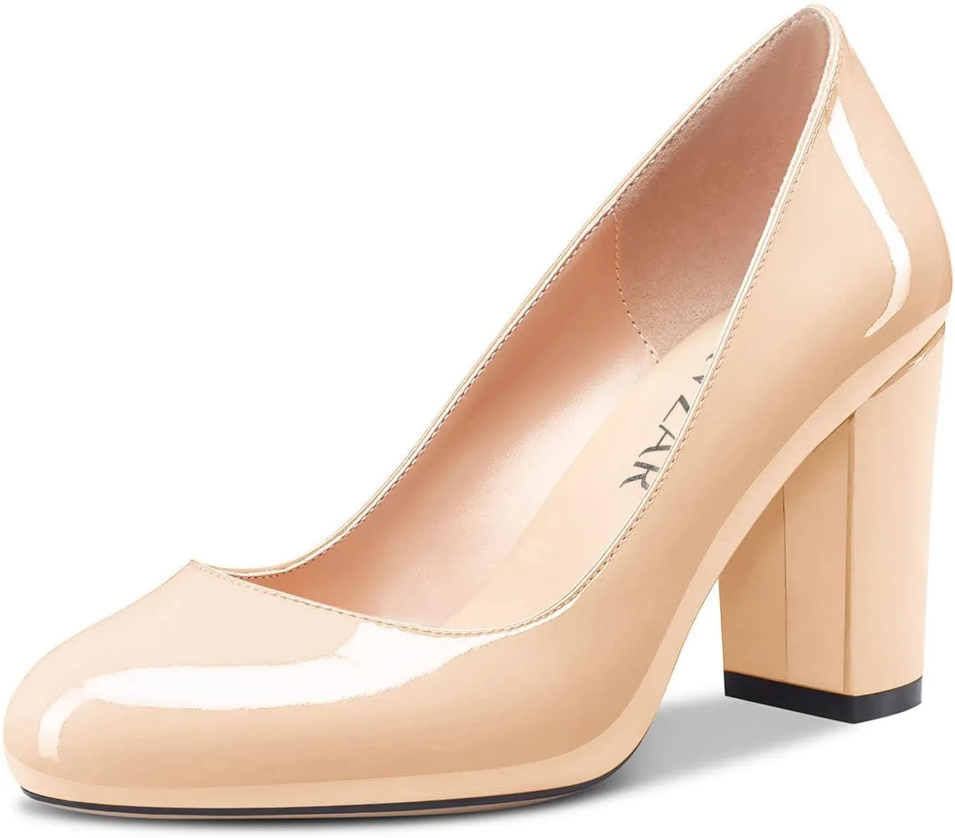 HEUIVZAR Women Pumps Round Toe Block Chunky Mid Heel Slip-on Dress Shoes Patent 3 Inch
