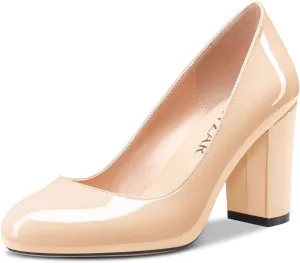 HEUIVZAR Women Pumps Round Toe Block Chunky Mid Heel Slip-on Dress Shoes Patent 3 Inch