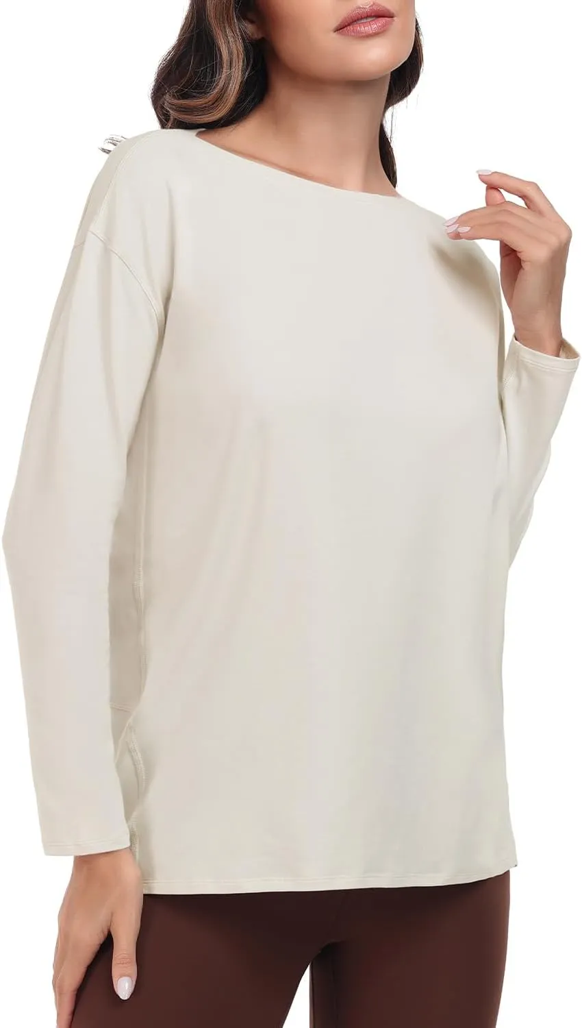 HeyNuts Women's Pima Cotton Long Sleeve Workout Shirts Boat Neck Athletic Loose Fit Soft Tops Fall Casual Shirts