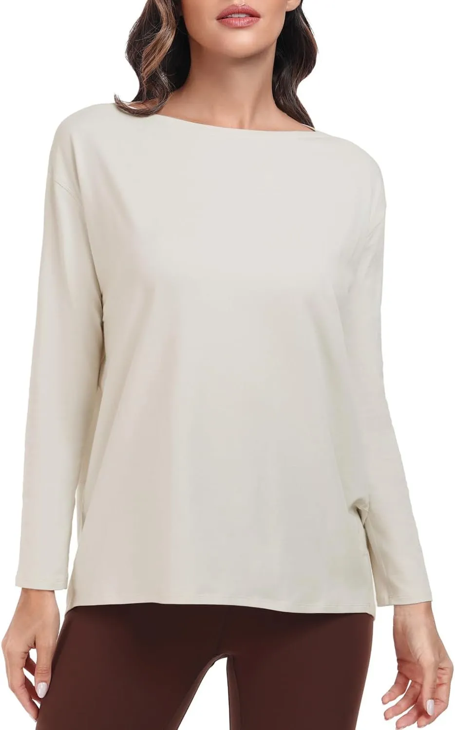 HeyNuts Women's Pima Cotton Long Sleeve Workout Shirts Boat Neck Athletic Loose Fit Soft Tops Fall Casual Shirts