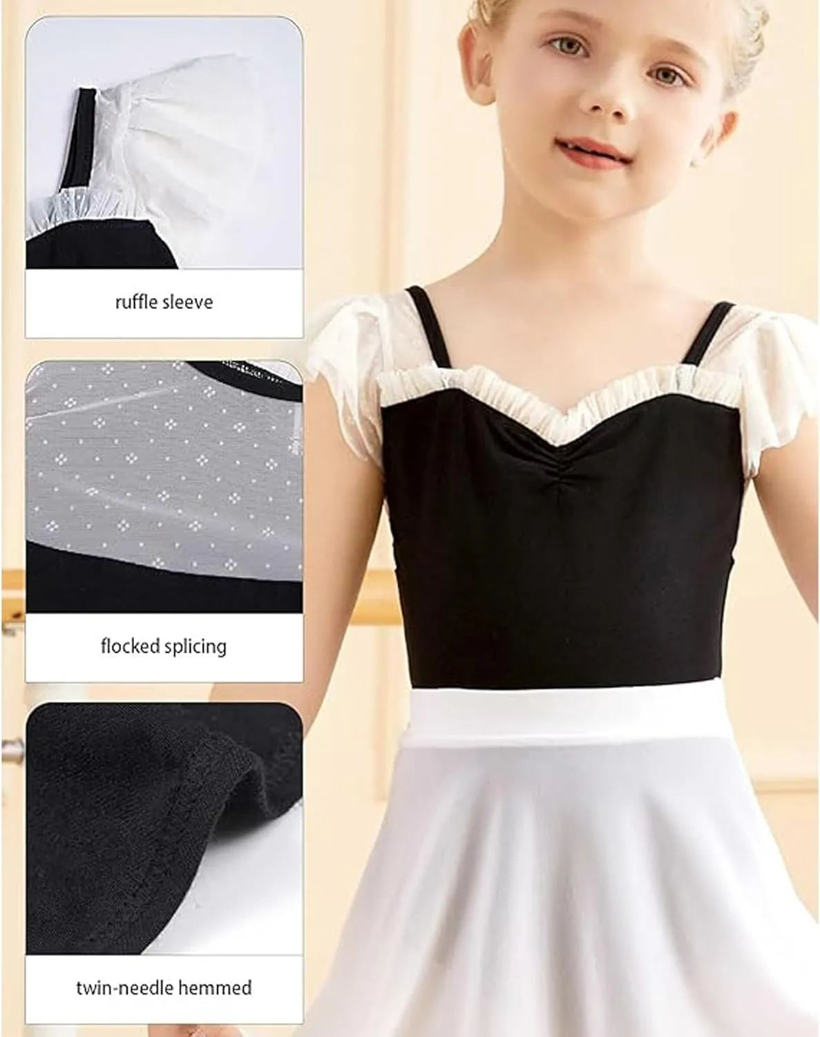 HiDance Girls' Ballet Leotards, Ruffle Sleeve Gymnastics Leotards, Soft Mesh Spliced Dance Outfit