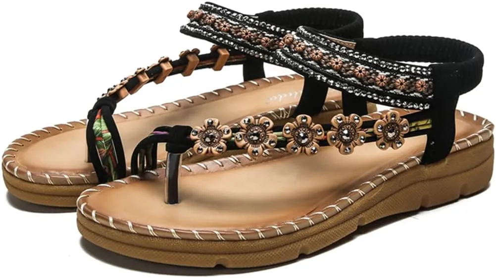 HNGHOU Women's Summer Sandals Casual Comfortable Bohemia Beach Flat Sandals Open Toe Ankle Crystal Gladiator Shoes