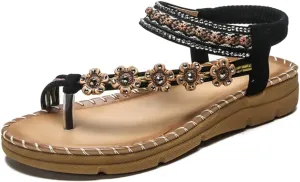 HNGHOU Women's Summer Sandals Casual Comfortable Bohemia Beach Flat Sandals Open Toe Ankle Crystal Gladiator Shoes