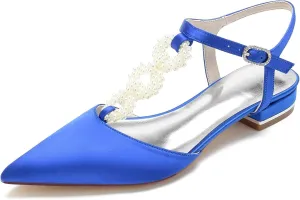 HNVAVQ Satin Wedding Shoes with Pearls for Bride Low Heels Pumps Ankle Strap Dressy Flat Shoes T-Strap Pointed Toe Flats for Women