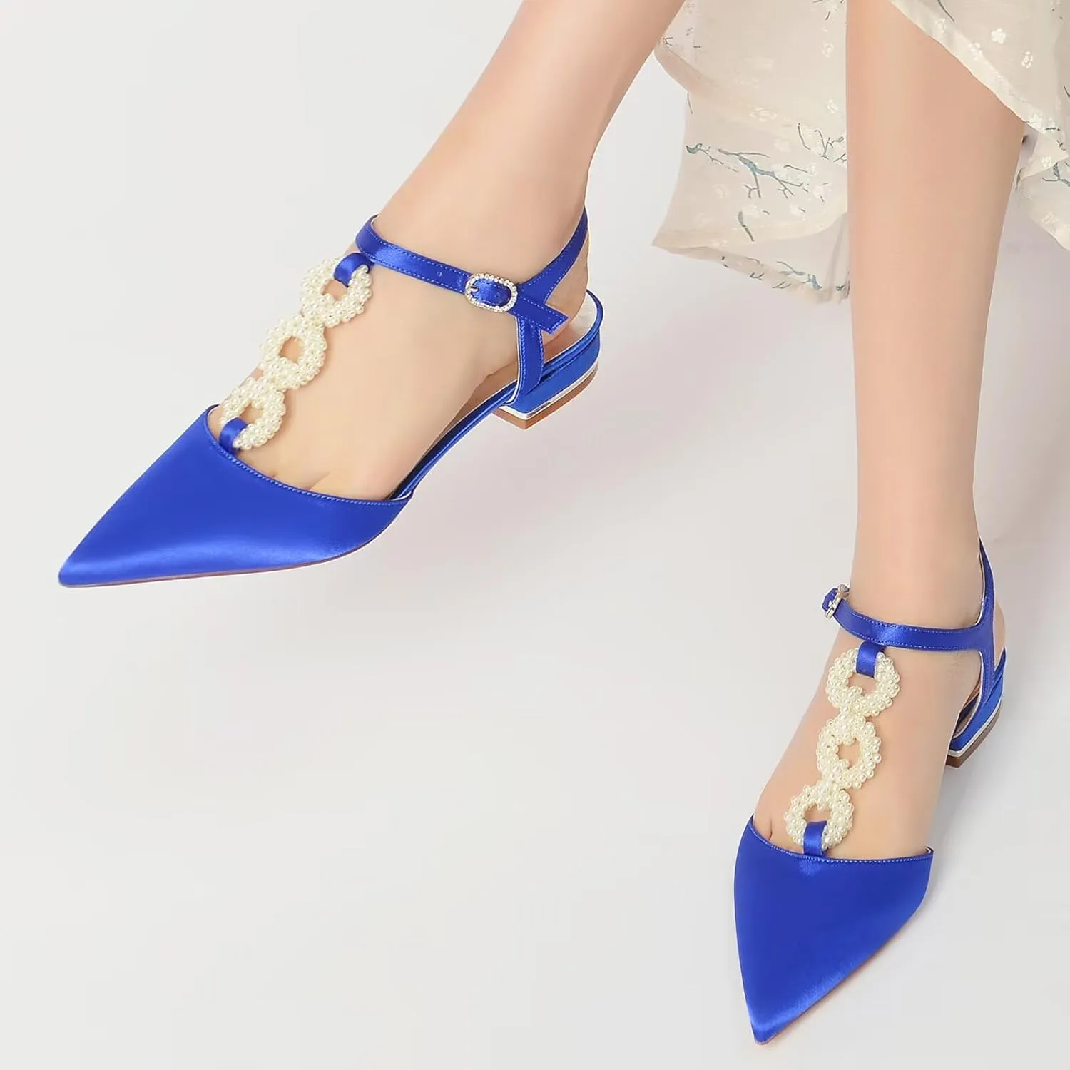 HNVAVQ Satin Wedding Shoes with Pearls for Bride Low Heels Pumps Ankle Strap Dressy Flat Shoes T-Strap Pointed Toe Flats for Women