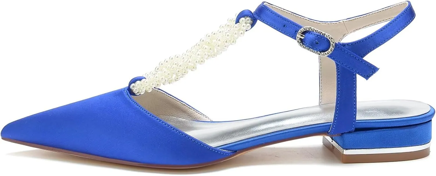 HNVAVQ Satin Wedding Shoes with Pearls for Bride Low Heels Pumps Ankle Strap Dressy Flat Shoes T-Strap Pointed Toe Flats for Women