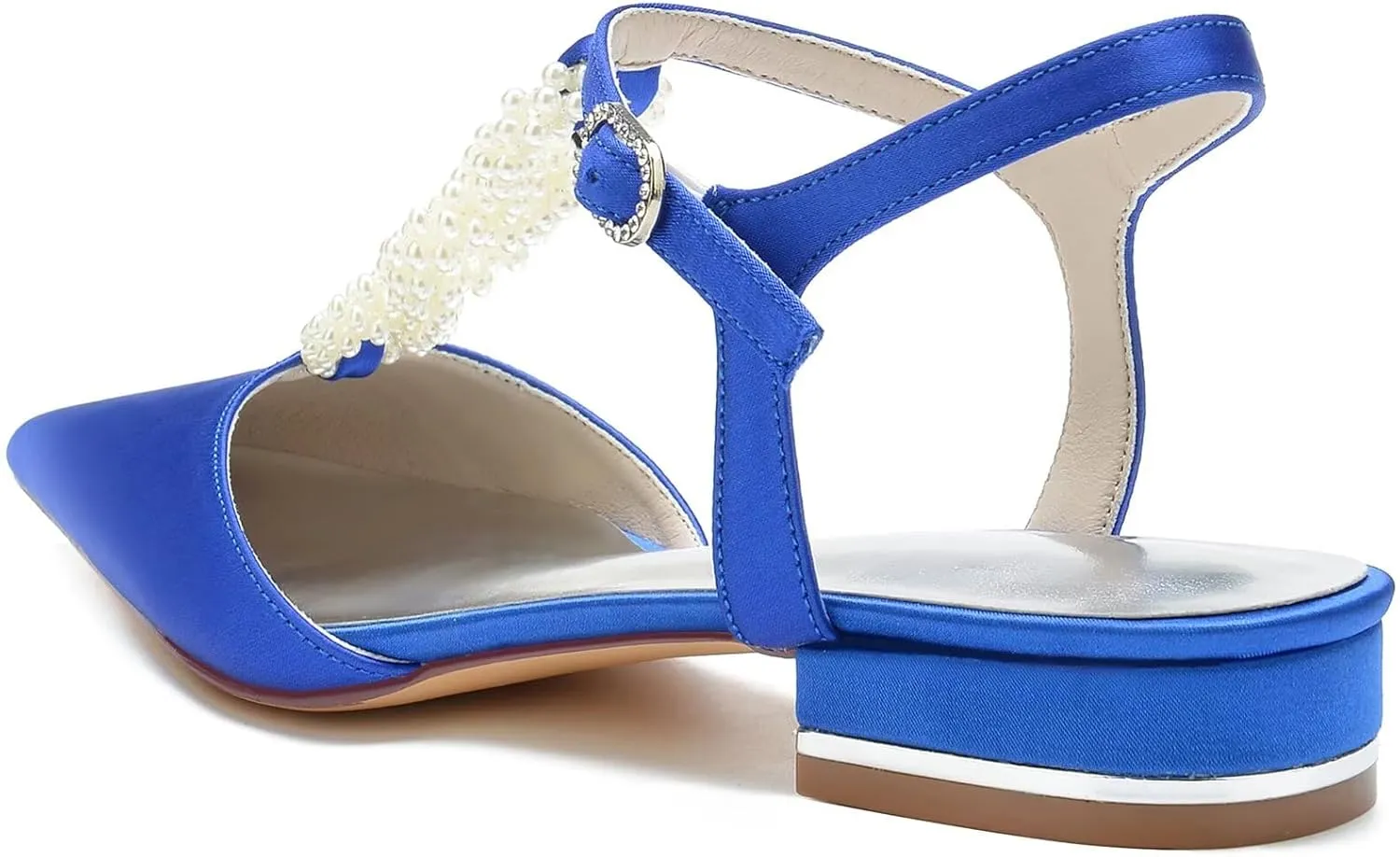 HNVAVQ Satin Wedding Shoes with Pearls for Bride Low Heels Pumps Ankle Strap Dressy Flat Shoes T-Strap Pointed Toe Flats for Women