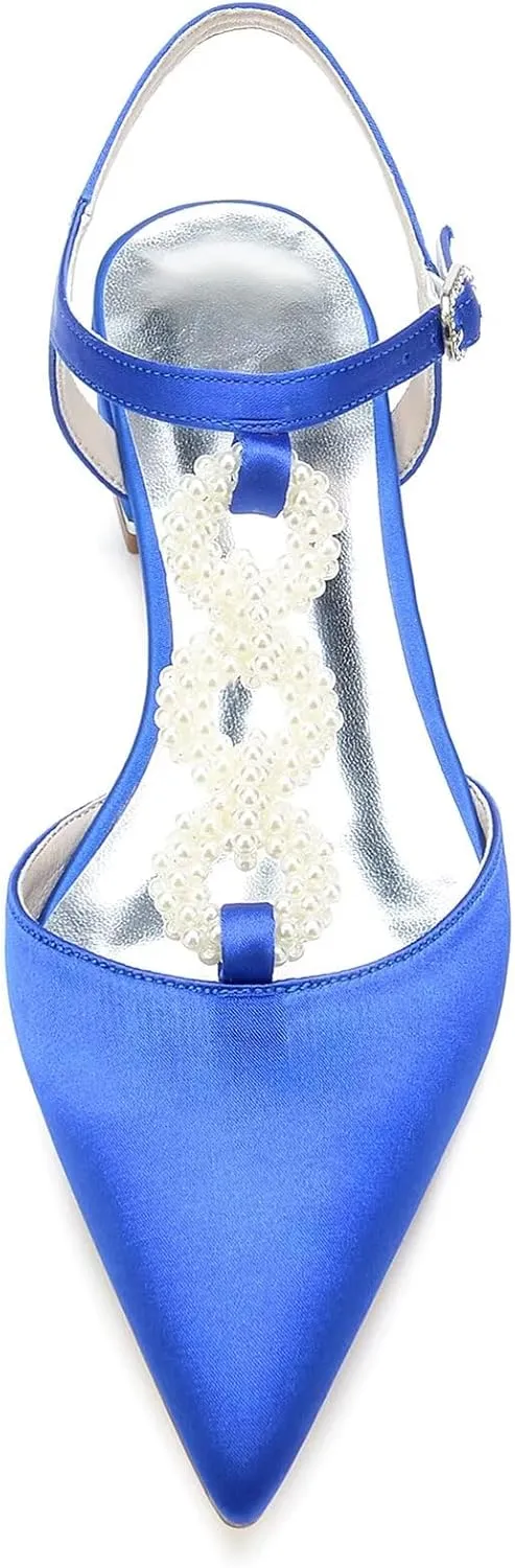 HNVAVQ Satin Wedding Shoes with Pearls for Bride Low Heels Pumps Ankle Strap Dressy Flat Shoes T-Strap Pointed Toe Flats for Women