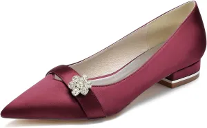 HNVAVQ Women's Pointed Toe Low Heels Closed Toe Dress Pumps Shoes Wedding Flats Elegant Satin Bridal Shoes with Rhinestones
