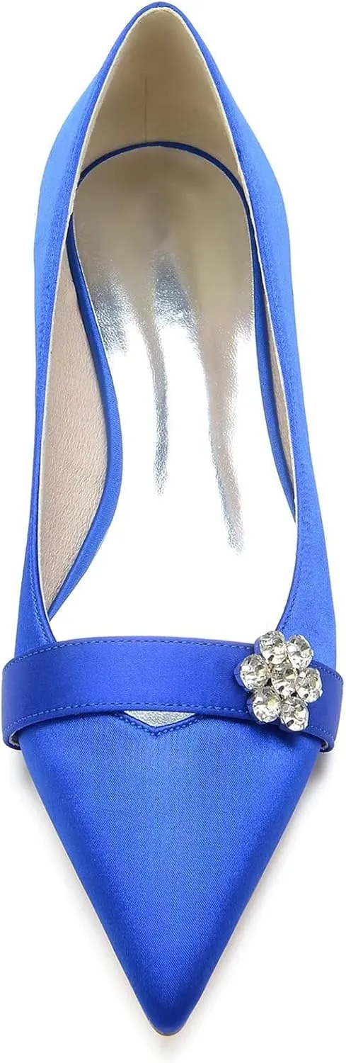 HNVAVQ Women's Pointed Toe Low Heels Closed Toe Dress Pumps Shoes Wedding Flats Elegant Satin Bridal Shoes with Rhinestones
