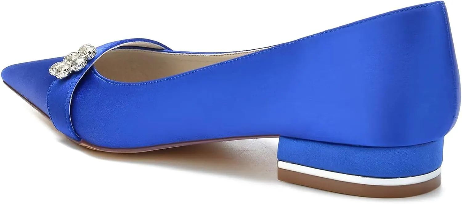 HNVAVQ Women's Pointed Toe Low Heels Closed Toe Dress Pumps Shoes Wedding Flats Elegant Satin Bridal Shoes with Rhinestones