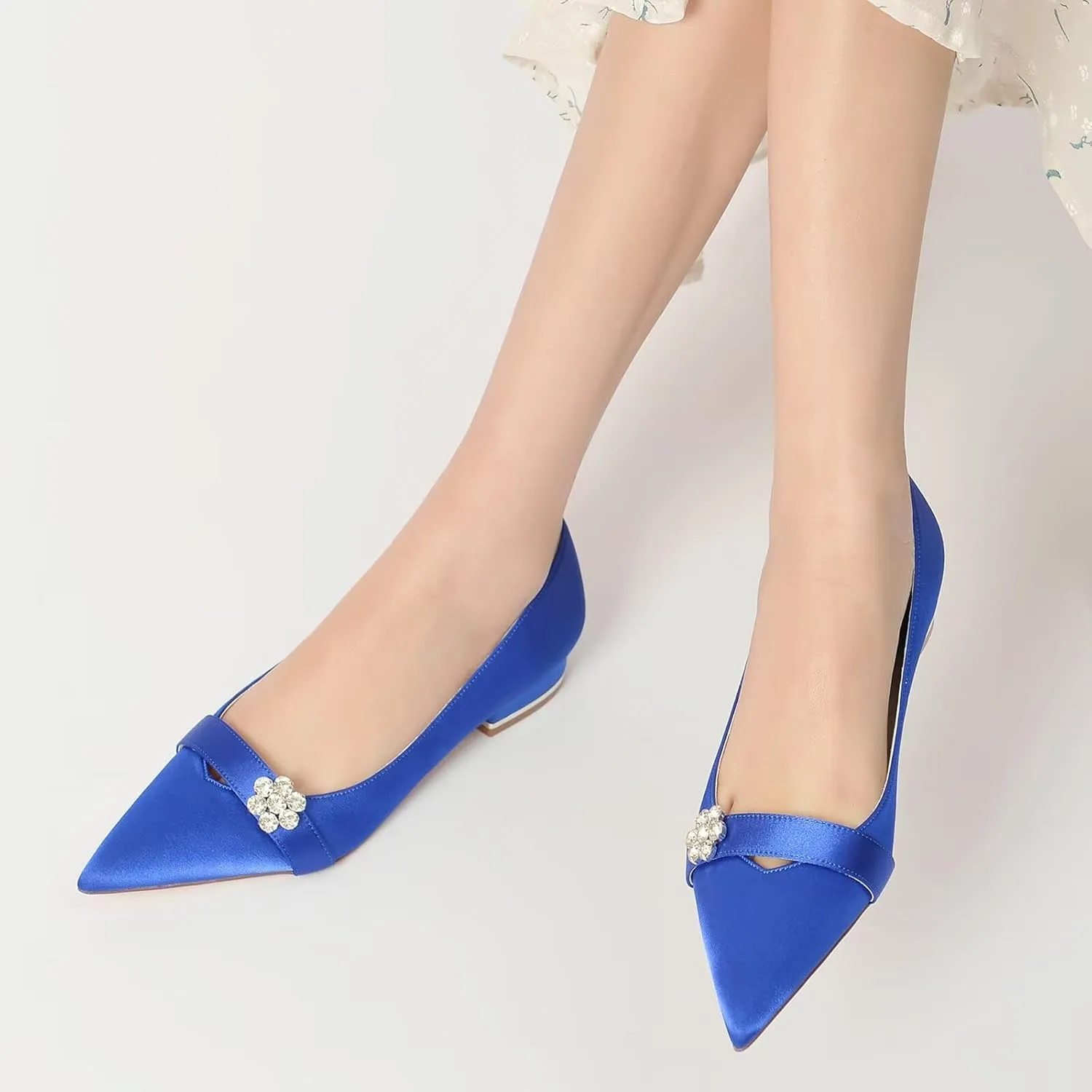 HNVAVQ Women's Pointed Toe Low Heels Closed Toe Dress Pumps Shoes Wedding Flats Elegant Satin Bridal Shoes with Rhinestones