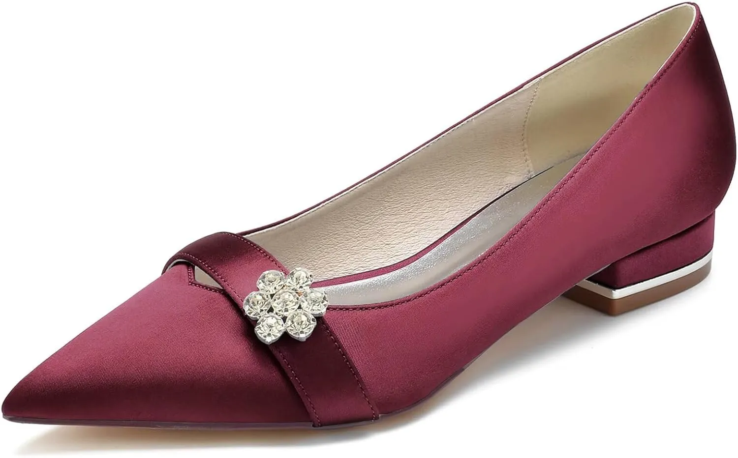 HNVAVQ Women's Pointed Toe Low Heels Closed Toe Dress Pumps Shoes Wedding Flats Elegant Satin Bridal Shoes with Rhinestones