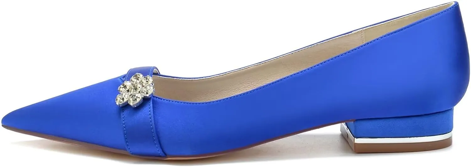 HNVAVQ Women's Pointed Toe Low Heels Closed Toe Dress Pumps Shoes Wedding Flats Elegant Satin Bridal Shoes with Rhinestones