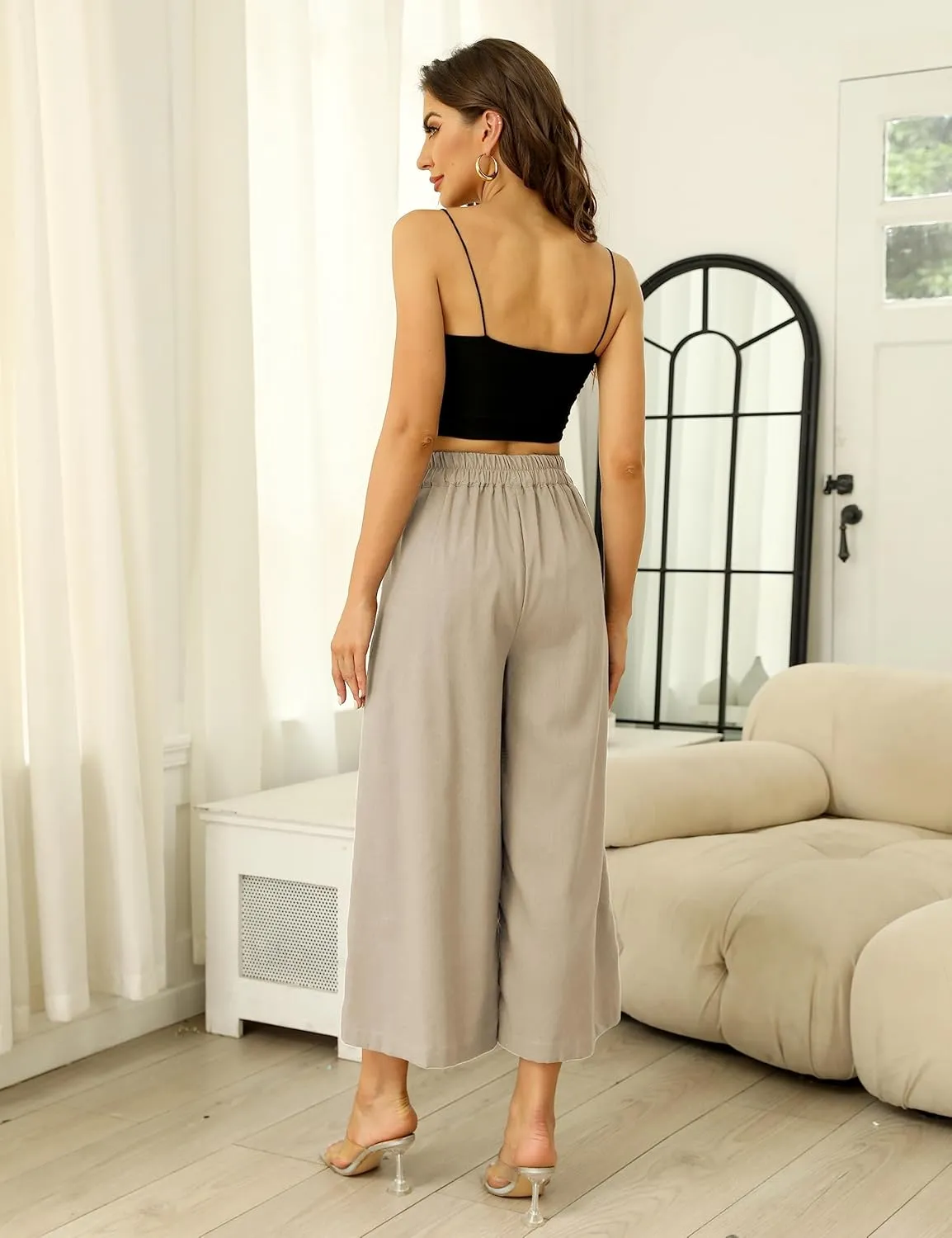 Hooever Women's Cotton Linen Culottes Pants Elastic Waist Wide Leg Palazzo Trousers Capri Pant