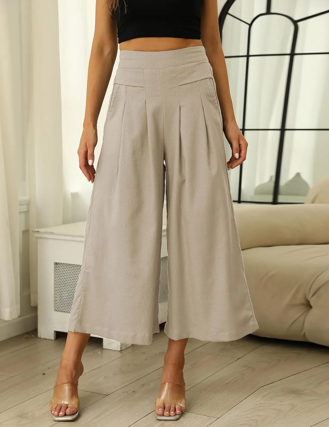 Hooever Women's Cotton Linen Culottes Pants Elastic Waist Wide Leg Palazzo Trousers Capri Pant