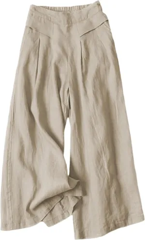 Hooever Women's Cotton Linen Culottes Pants Elastic Waist Wide Leg Palazzo Trousers Capri Pant