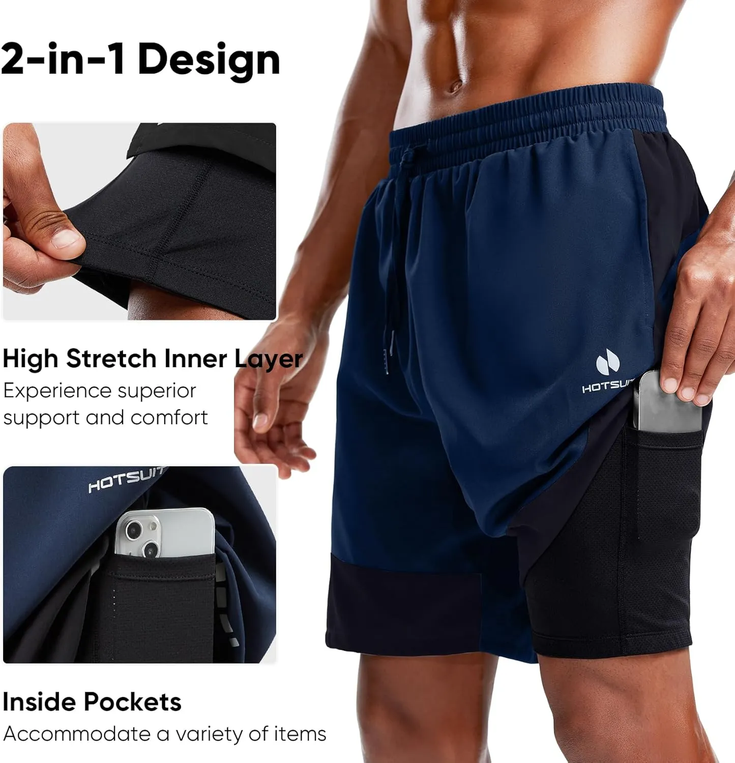 HOTSUIT Men's 2 in 1 Running Shorts 5"/ 7" Athletic Gym Workout Quick Dry with Compression Liner & Zipper Pockets