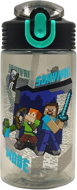HOX Minecraft Reusable BPA free Kids Palouse Water Bottle with built in Carry Loop, Flip Up Spout and removeable straw - 600ml, White/Opaque