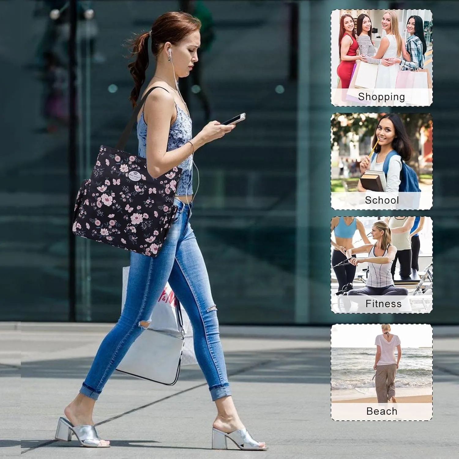 HUA ANGEL Floral Tote Bag - Casual Shoulder Bag Daily Tote Bag with Zipper Gym Travel Shopping Work Handbag for Women