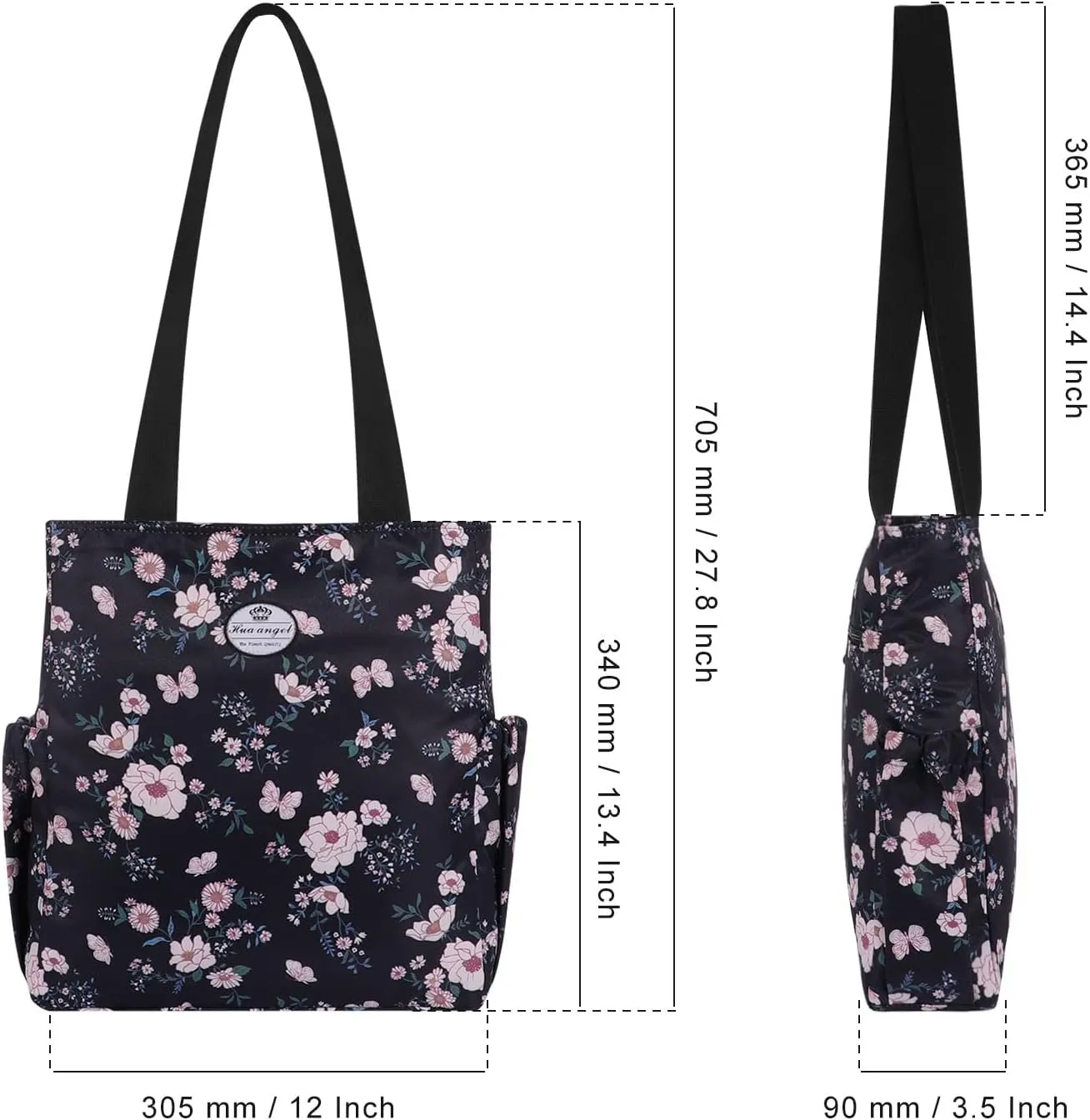 HUA ANGEL Floral Tote Bag - Casual Shoulder Bag Daily Tote Bag with Zipper Gym Travel Shopping Work Handbag for Women