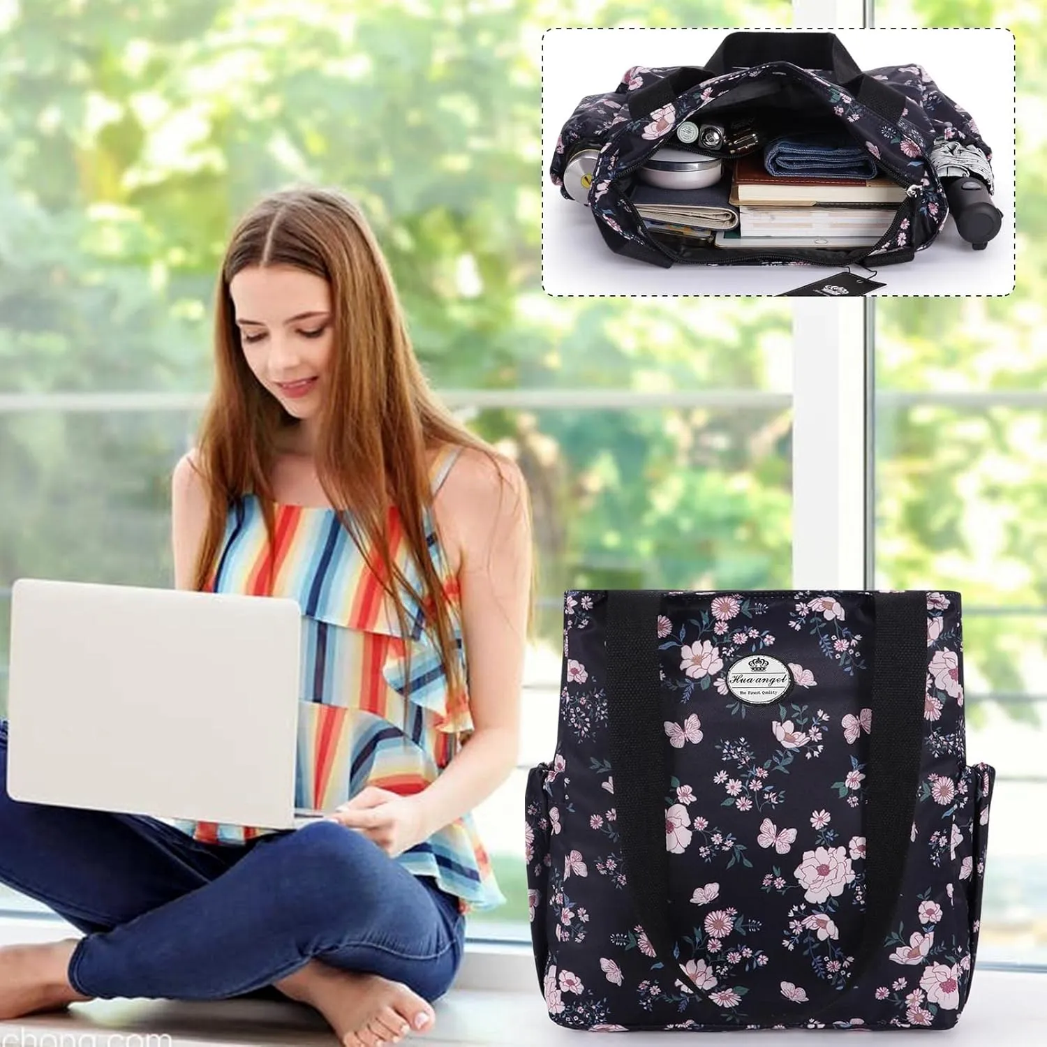 HUA ANGEL Floral Tote Bag - Casual Shoulder Bag Daily Tote Bag with Zipper Gym Travel Shopping Work Handbag for Women