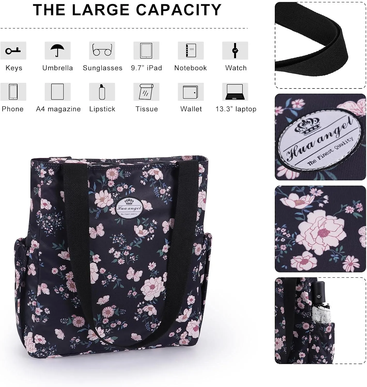 HUA ANGEL Floral Tote Bag - Casual Shoulder Bag Daily Tote Bag with Zipper Gym Travel Shopping Work Handbag for Women
