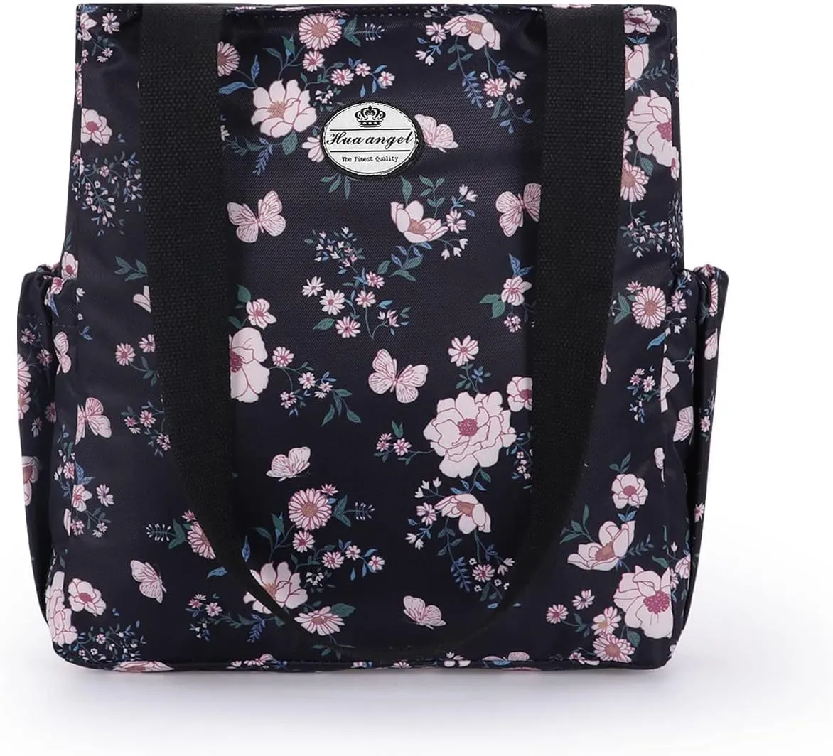 HUA ANGEL Floral Tote Bag - Casual Shoulder Bag Daily Tote Bag with Zipper Gym Travel Shopping Work Handbag for Women
