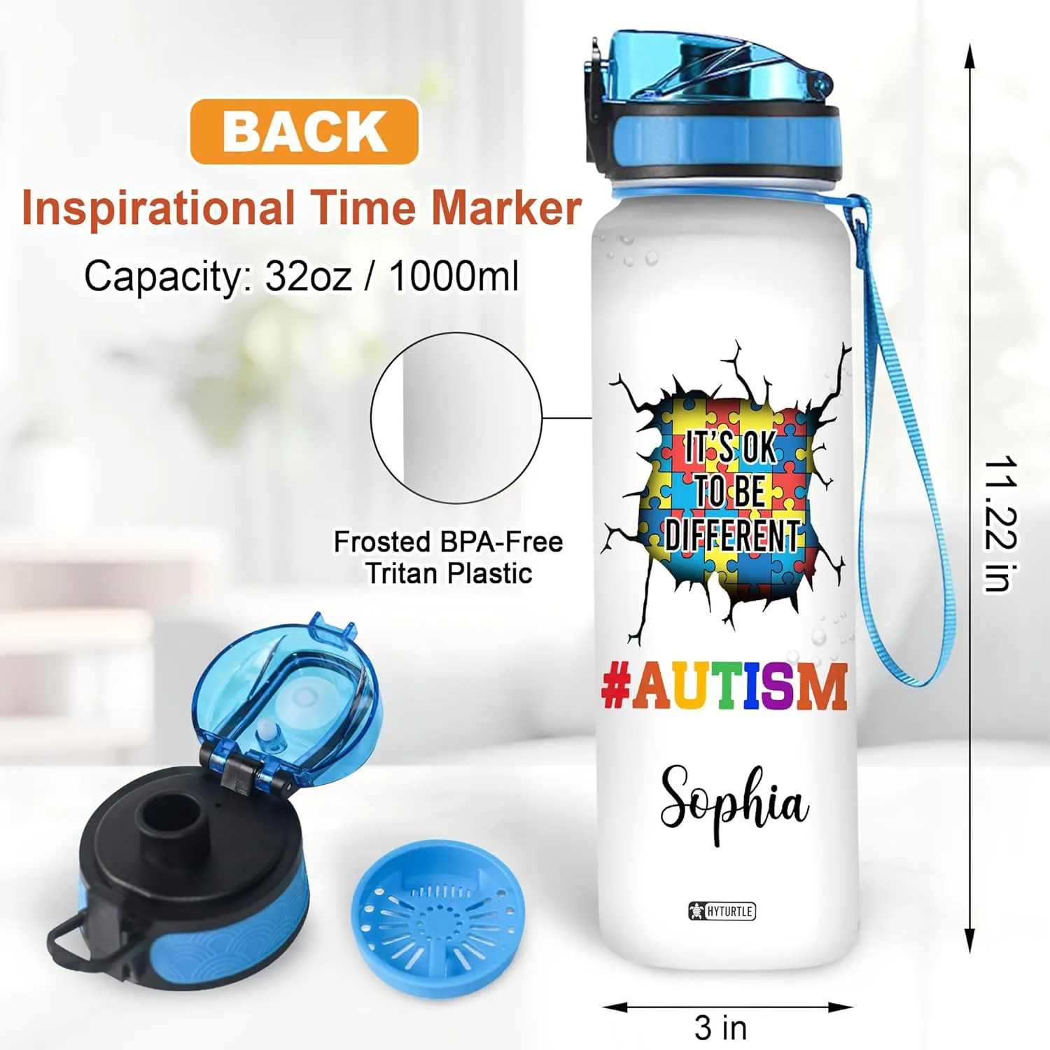 Hyturtle Personalized Autism Water Bottle - 32oz Motivational Water Bottle with Leak-Proof Lid & Time Marker - Custom Name Gift for Women & Kids - Gift for Autism Awareness Month, Birthday