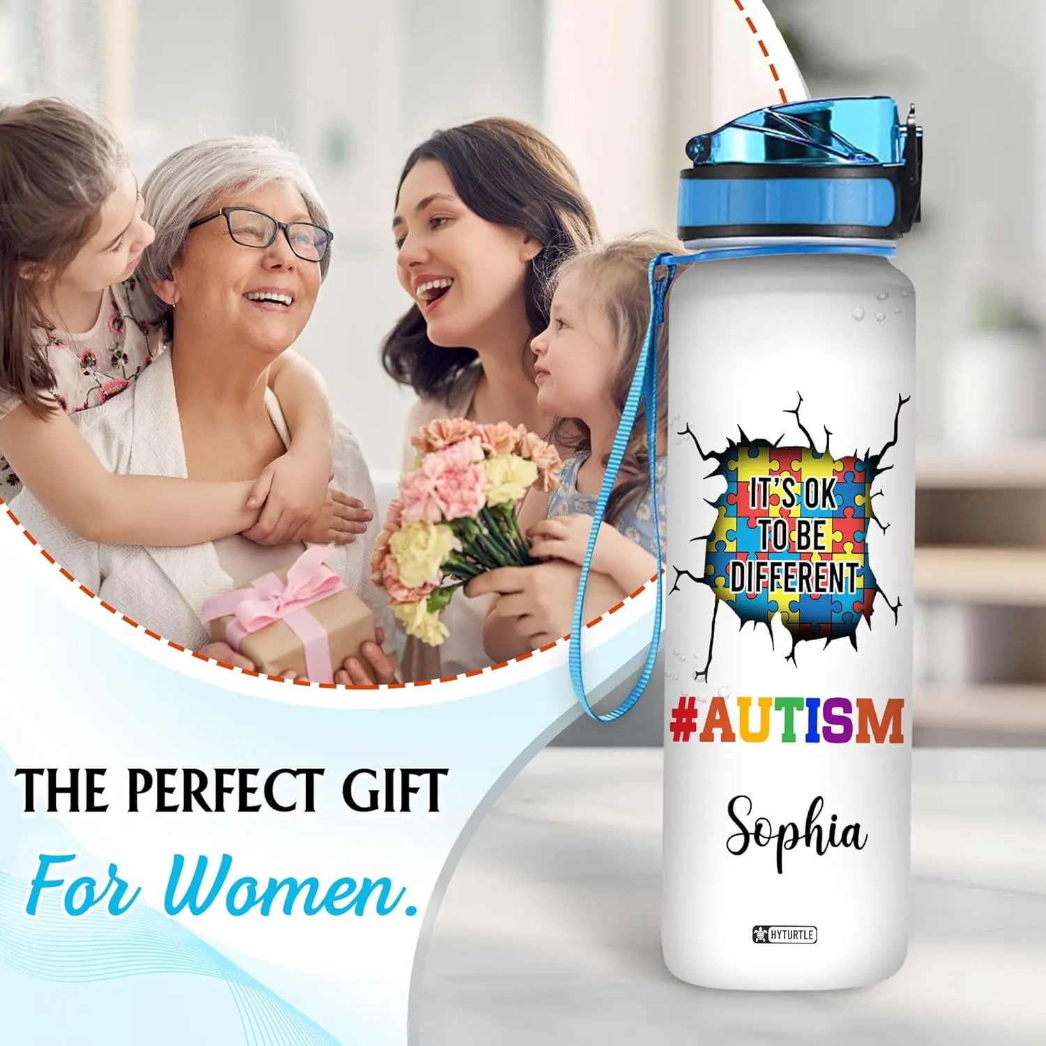 Hyturtle Personalized Autism Water Bottle - 32oz Motivational Water Bottle with Leak-Proof Lid & Time Marker - Custom Name Gift for Women & Kids - Gift for Autism Awareness Month, Birthday