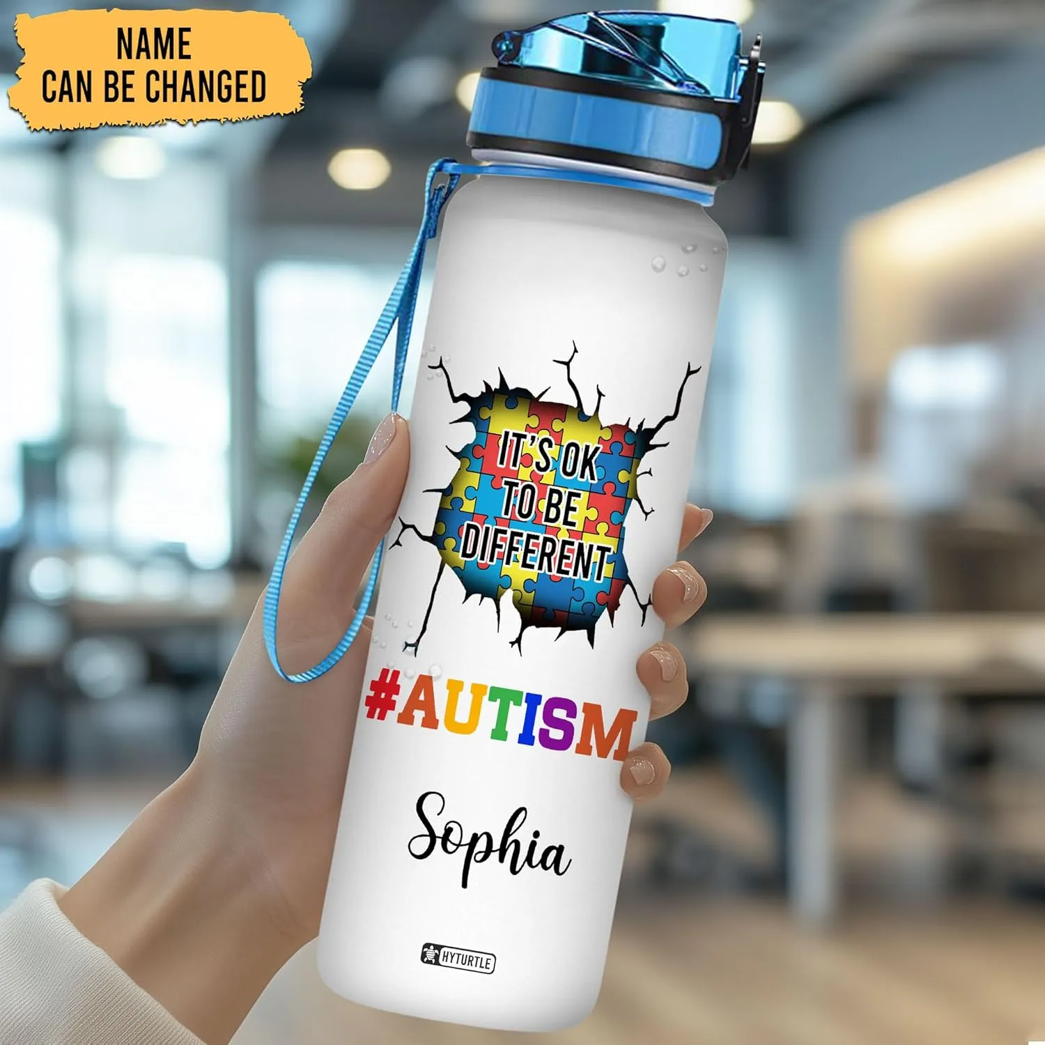Hyturtle Personalized Autism Water Bottle - 32oz Motivational Water Bottle with Leak-Proof Lid & Time Marker - Custom Name Gift for Women & Kids - Gift for Autism Awareness Month, Birthday