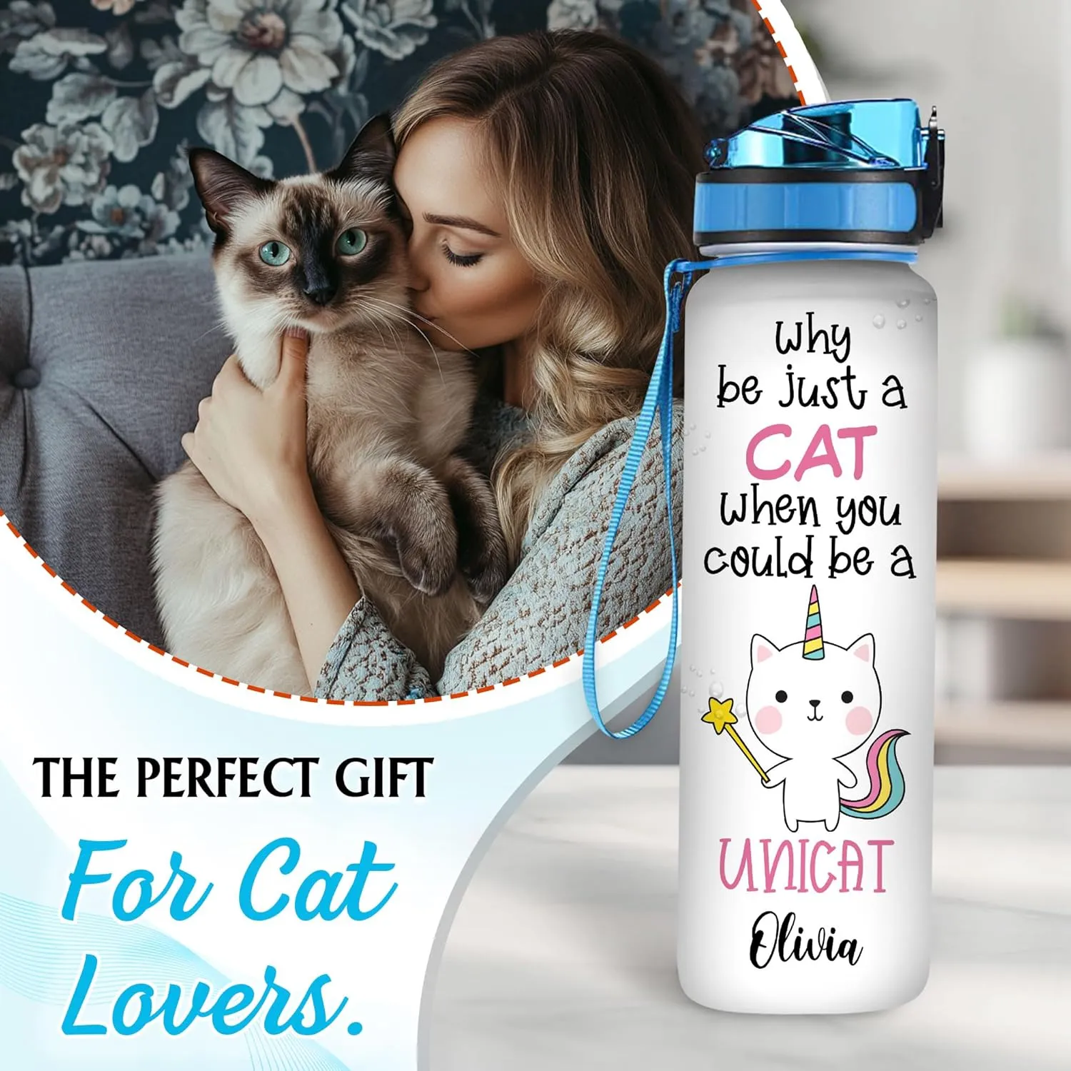Hyturtle Personalized Cat Water Bottle - 32oz Motivational Water Bottle with Leak-Proof Lid & Time Marker - Unicat Custom Name Gift for Cat Lovers, Unicorn Lovers, Girls, Kids On Birthday Christmas
